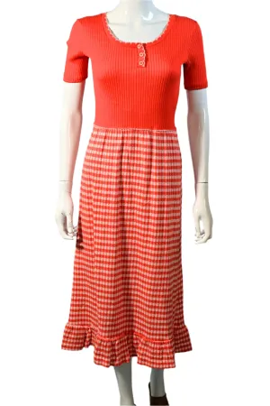 1960s Red Gingham Cottagecore Knit Midi Dress M