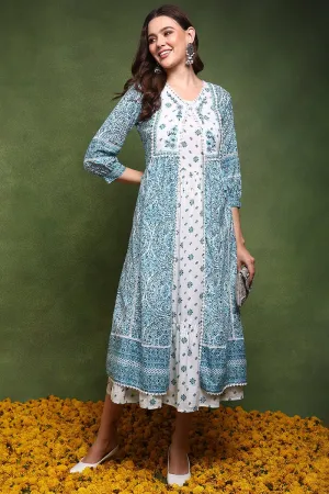 Ahika White and Blue Cotton Ethnic Motifs Printed Maxi Ethnic Dress With Longline Shrug