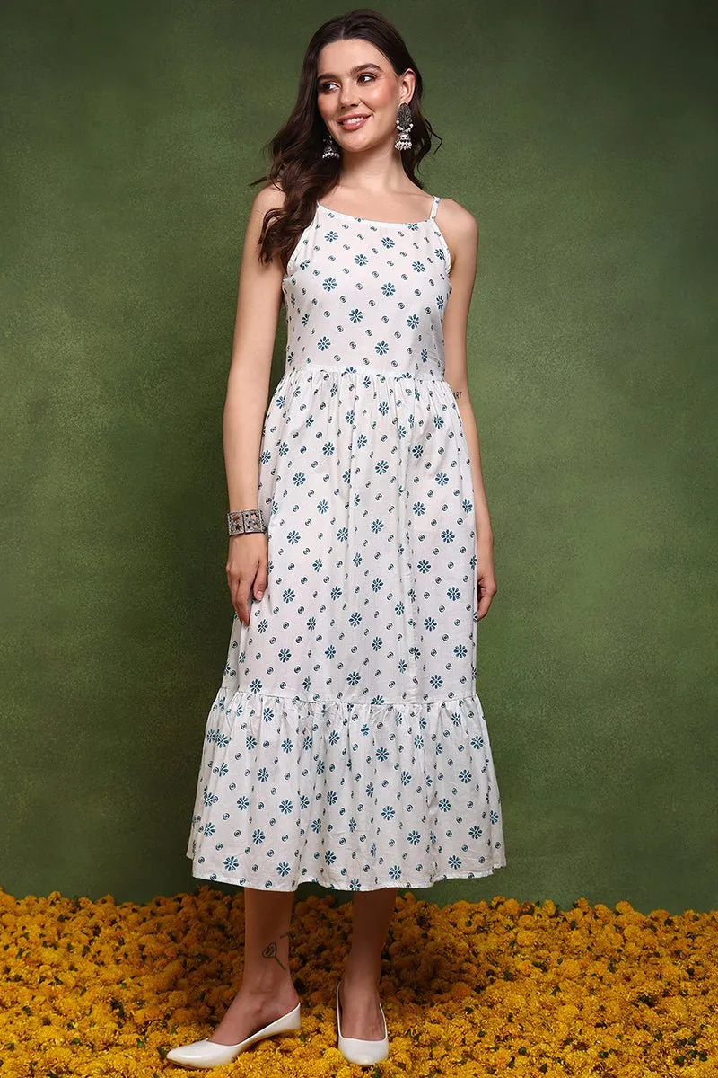 Ahika White and Green Cotton Ethnic Motifs Printed Maxi Ethnic Dress With Longline Shrug