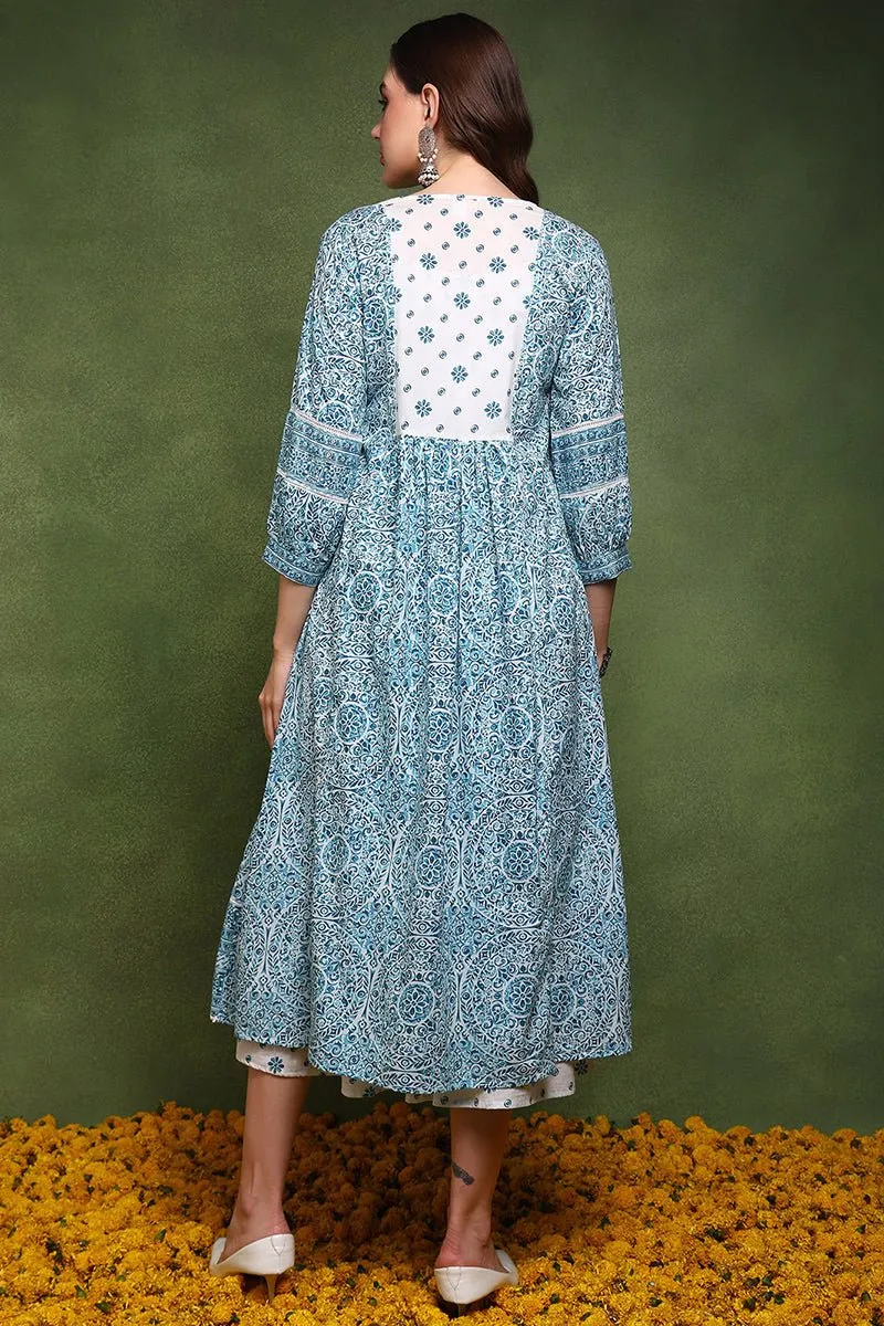 Ahika White and Green Cotton Ethnic Motifs Printed Maxi Ethnic Dress With Longline Shrug