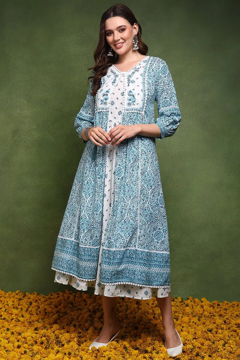 Ahika White and Green Cotton Ethnic Motifs Printed Maxi Ethnic Dress With Longline Shrug