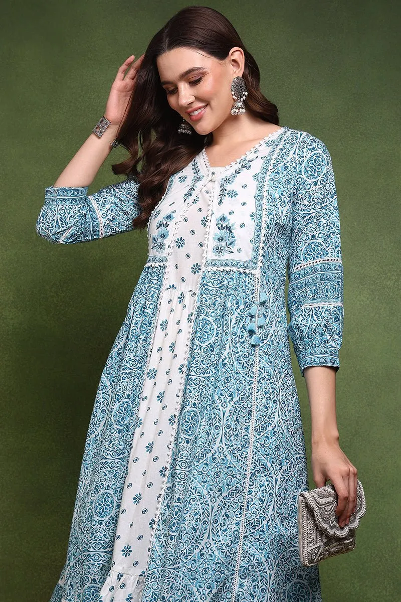 Ahika White and Green Cotton Ethnic Motifs Printed Maxi Ethnic Dress With Longline Shrug