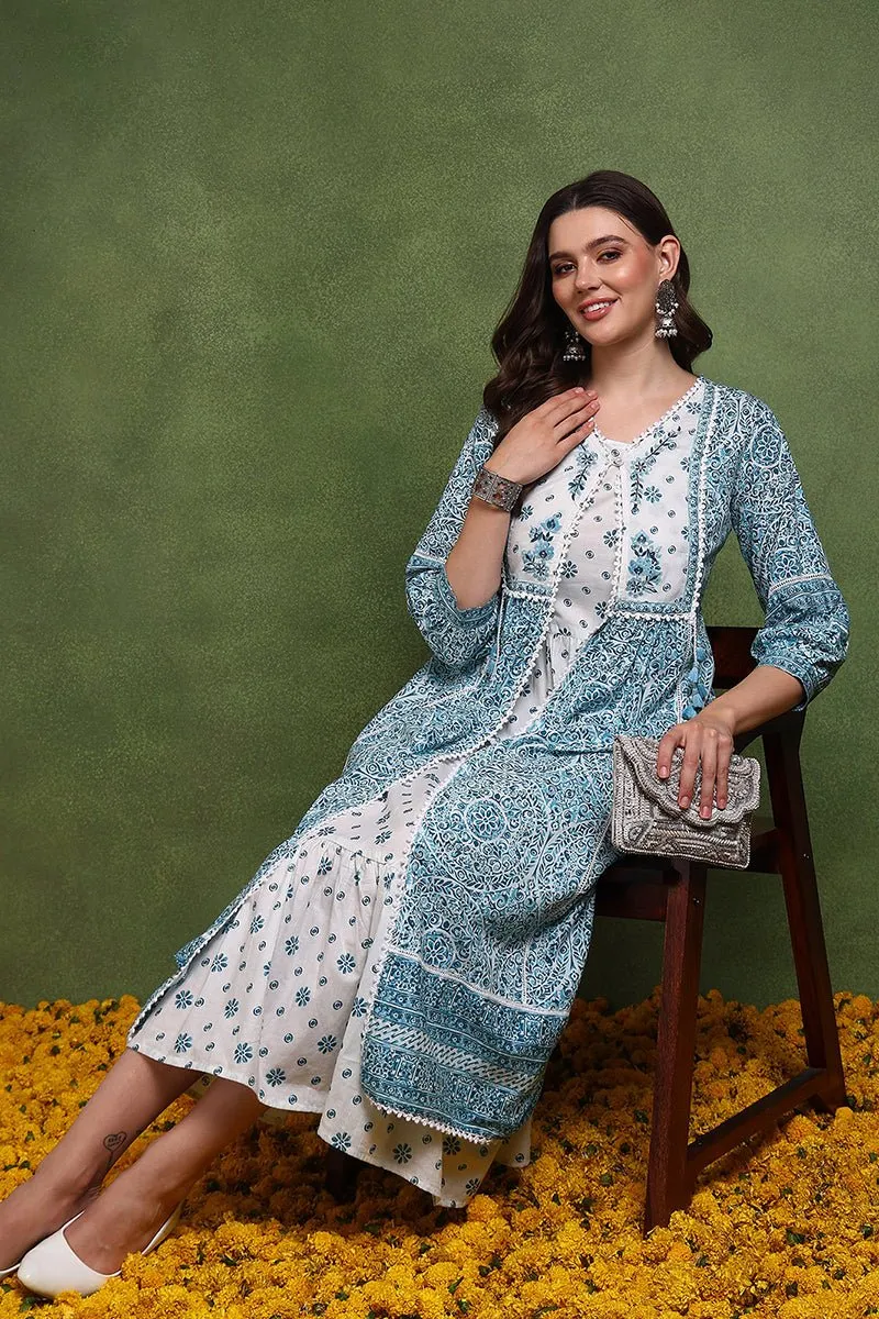 Ahika White and Green Cotton Ethnic Motifs Printed Maxi Ethnic Dress With Longline Shrug