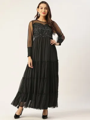 Black Embellished Chiffon Maxi Dress for Women