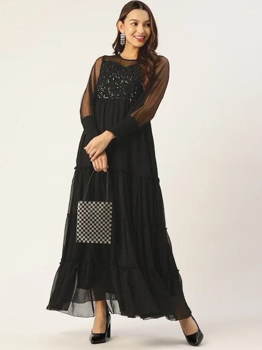 Black Embellished Chiffon Maxi Dress for Women