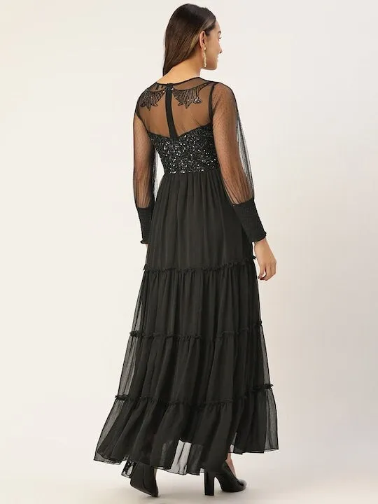 Black Embellished Chiffon Maxi Dress for Women