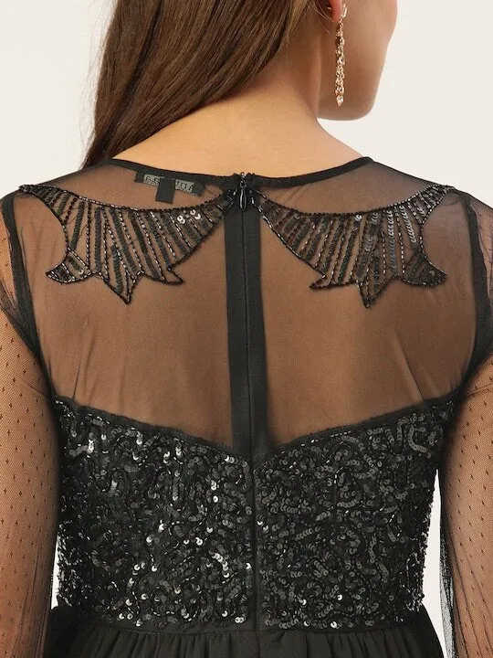 Black Embellished Chiffon Maxi Dress for Women