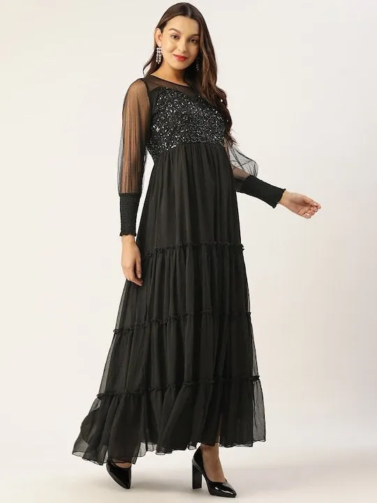 Black Embellished Chiffon Maxi Dress for Women