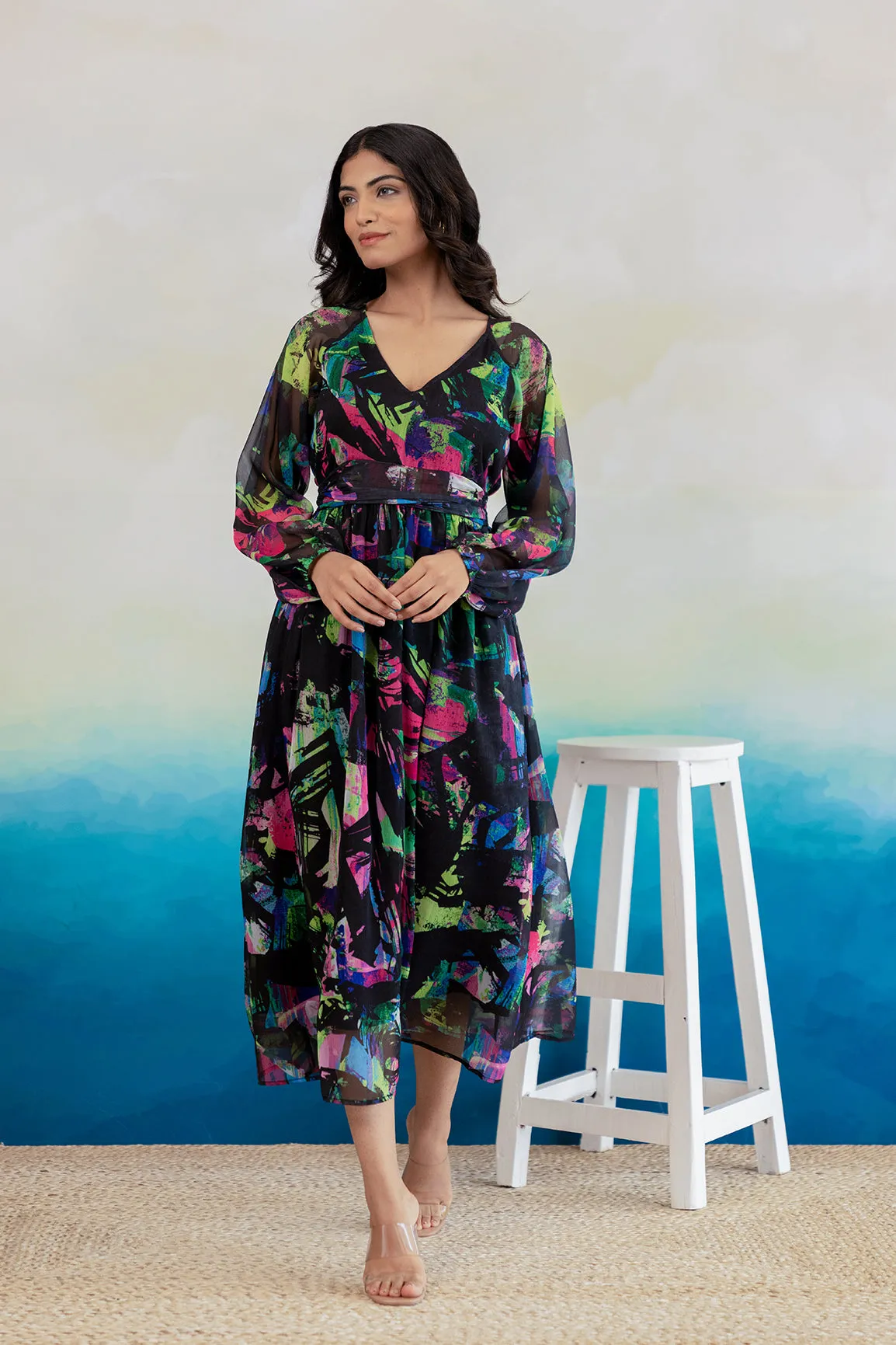 BLACK GEOMETRIC PRINT CHIFFON MAXI