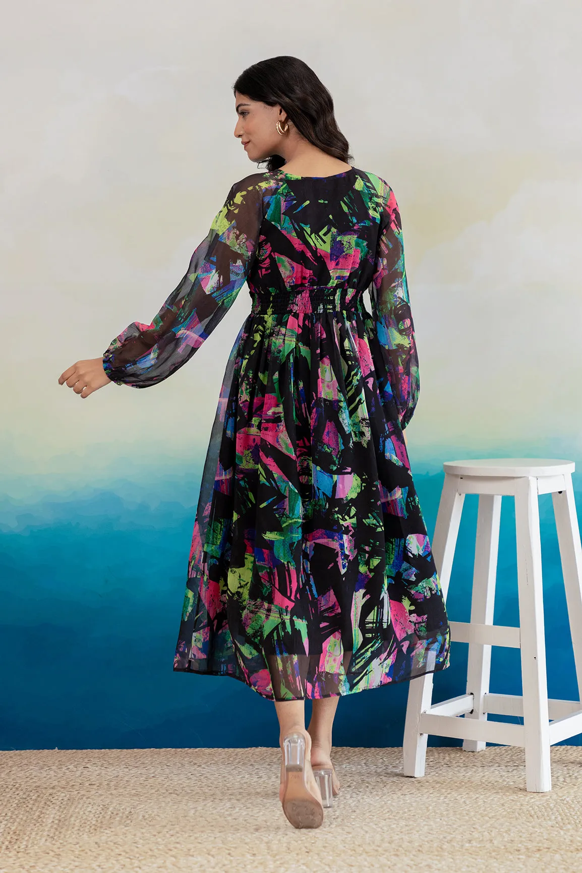 BLACK GEOMETRIC PRINT CHIFFON MAXI