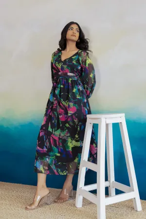 BLACK GEOMETRIC PRINT CHIFFON MAXI
