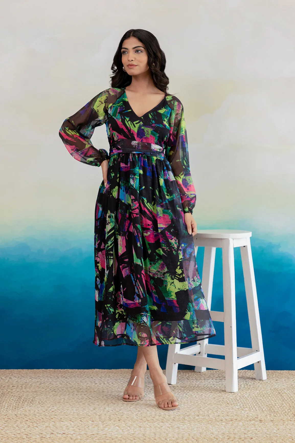 BLACK GEOMETRIC PRINT CHIFFON MAXI