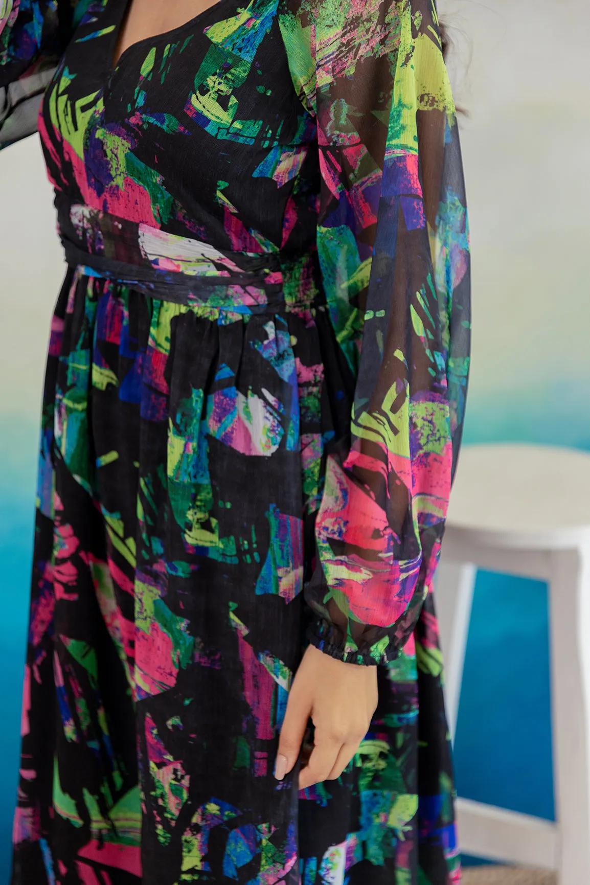 BLACK GEOMETRIC PRINT CHIFFON MAXI
