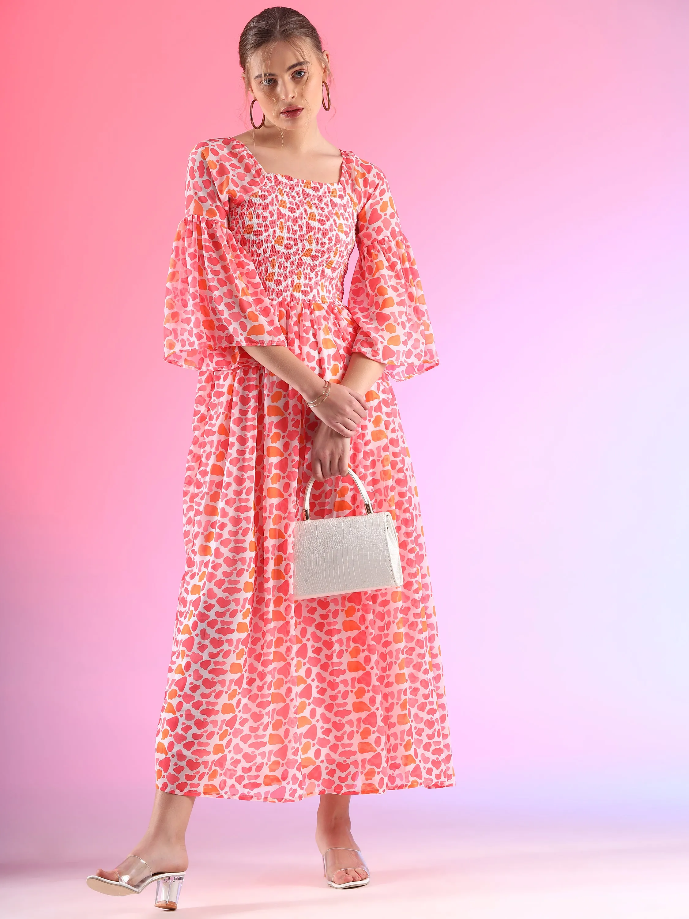 Blush Bouquet Floral Printed Fit and Flare Pink Georgette Maxi Dress