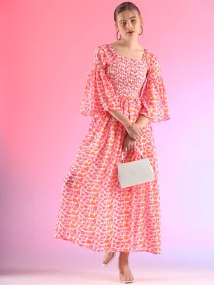 Blush Bouquet Floral Printed Fit and Flare Pink Georgette Maxi Dress