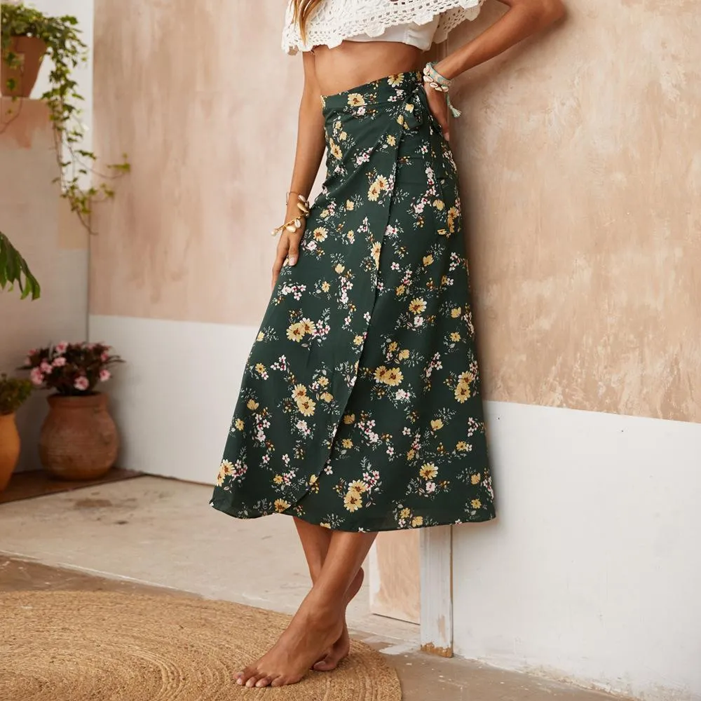 Boho Split Floral Skirt in Forest Green