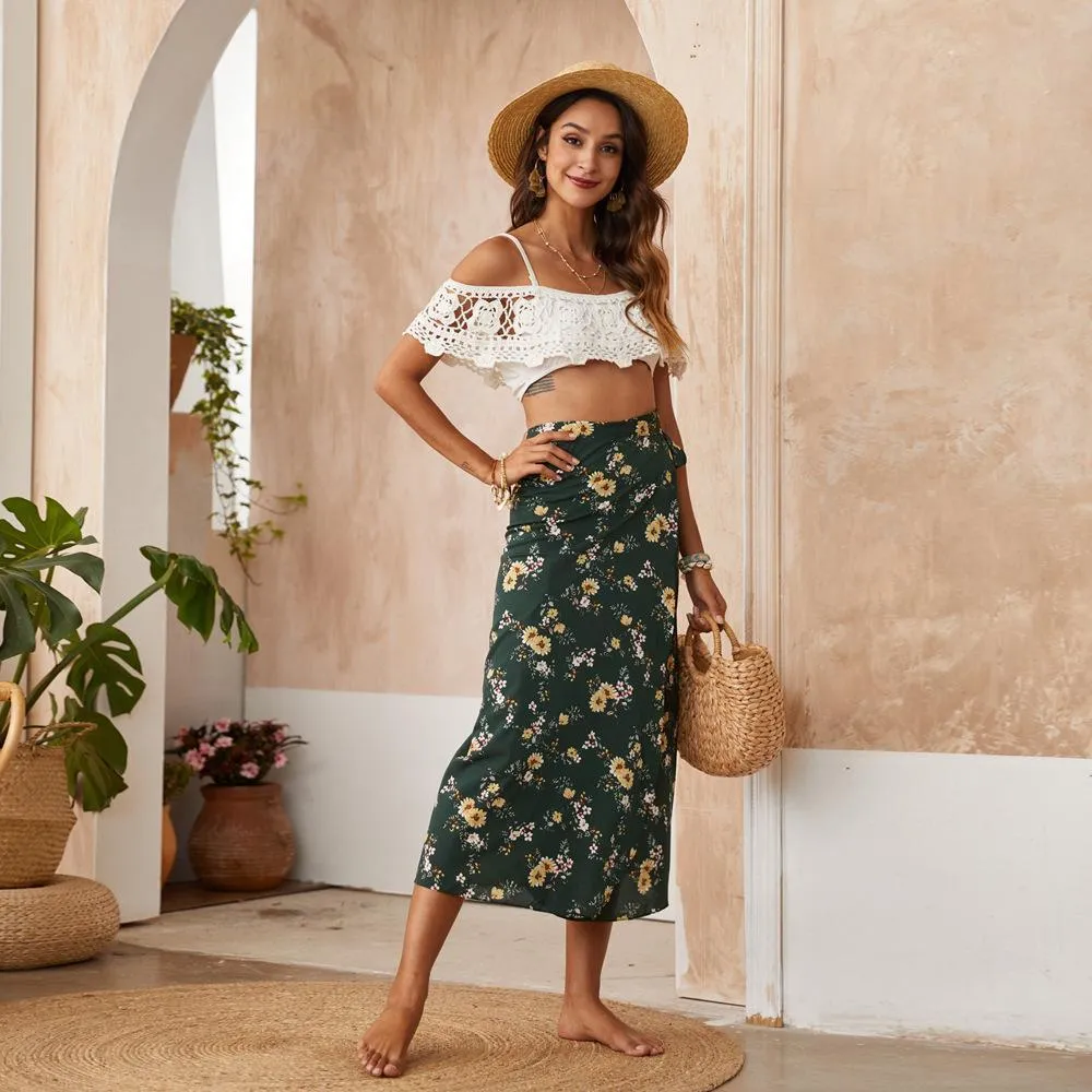 Boho Split Floral Skirt in Forest Green