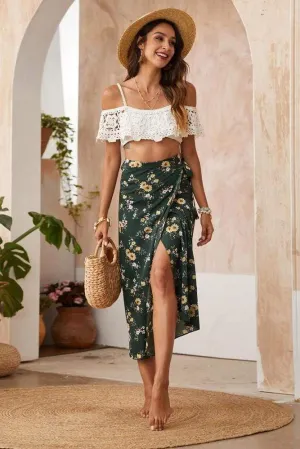 Boho Split Floral Skirt in Forest Green