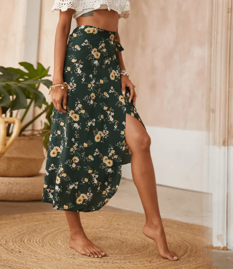 Boho Split Floral Skirt in Forest Green