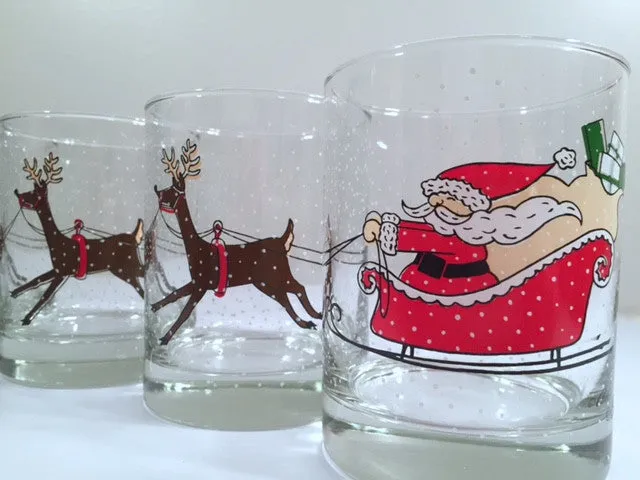 Cera Signed Vintage Santa Sleigh Ride Double Old Fashion Glasses (Set of 6)