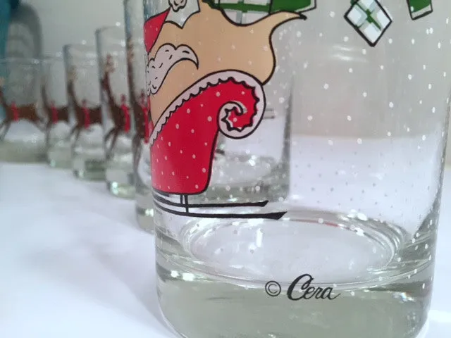 Cera Signed Vintage Santa Sleigh Ride Double Old Fashion Glasses (Set of 6)