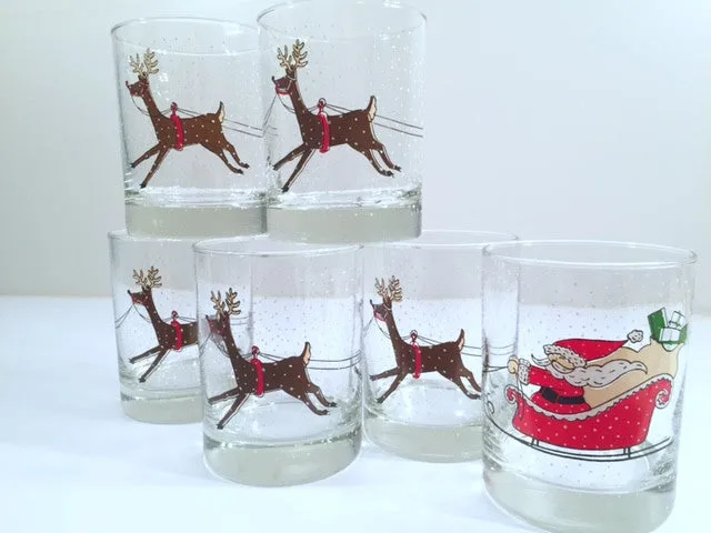 Cera Signed Vintage Santa Sleigh Ride Double Old Fashion Glasses (Set of 6)