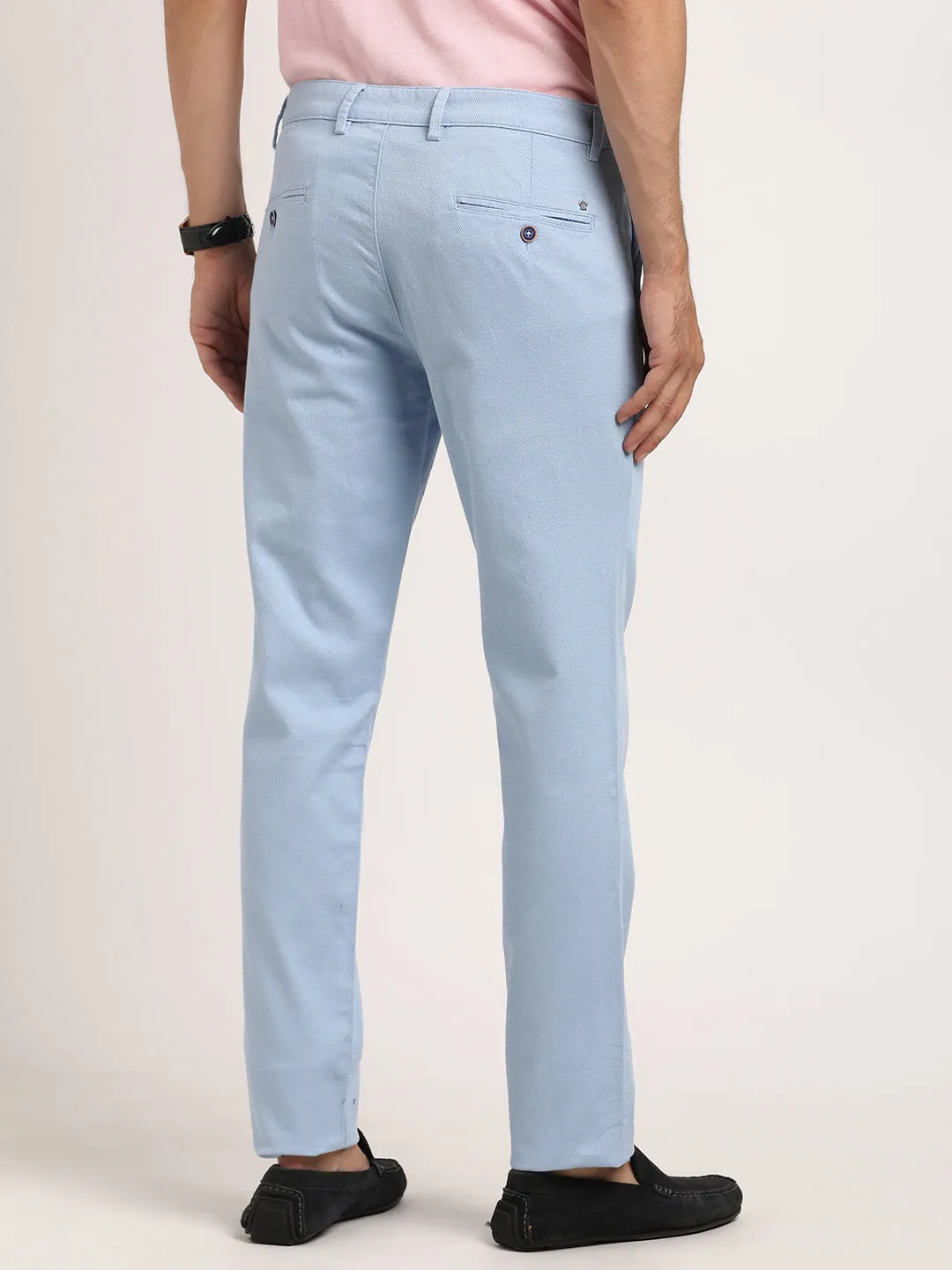 Cotton Stretch Light Blue Dobby Ultra Slim Fit Flat Front Casual Trouser