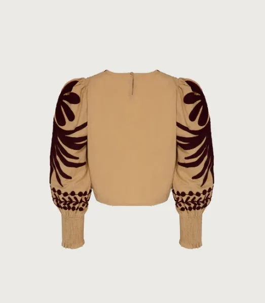 Embroidered Camel Print Top and Skirt Suit