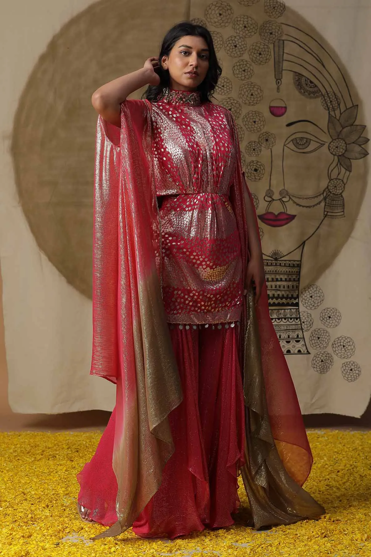 Foil Printed Collared Kurta Set