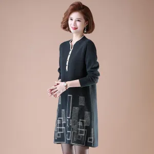 Geometry Pattern V Neck Long Sleeve Knee Length A-line Knit Dress