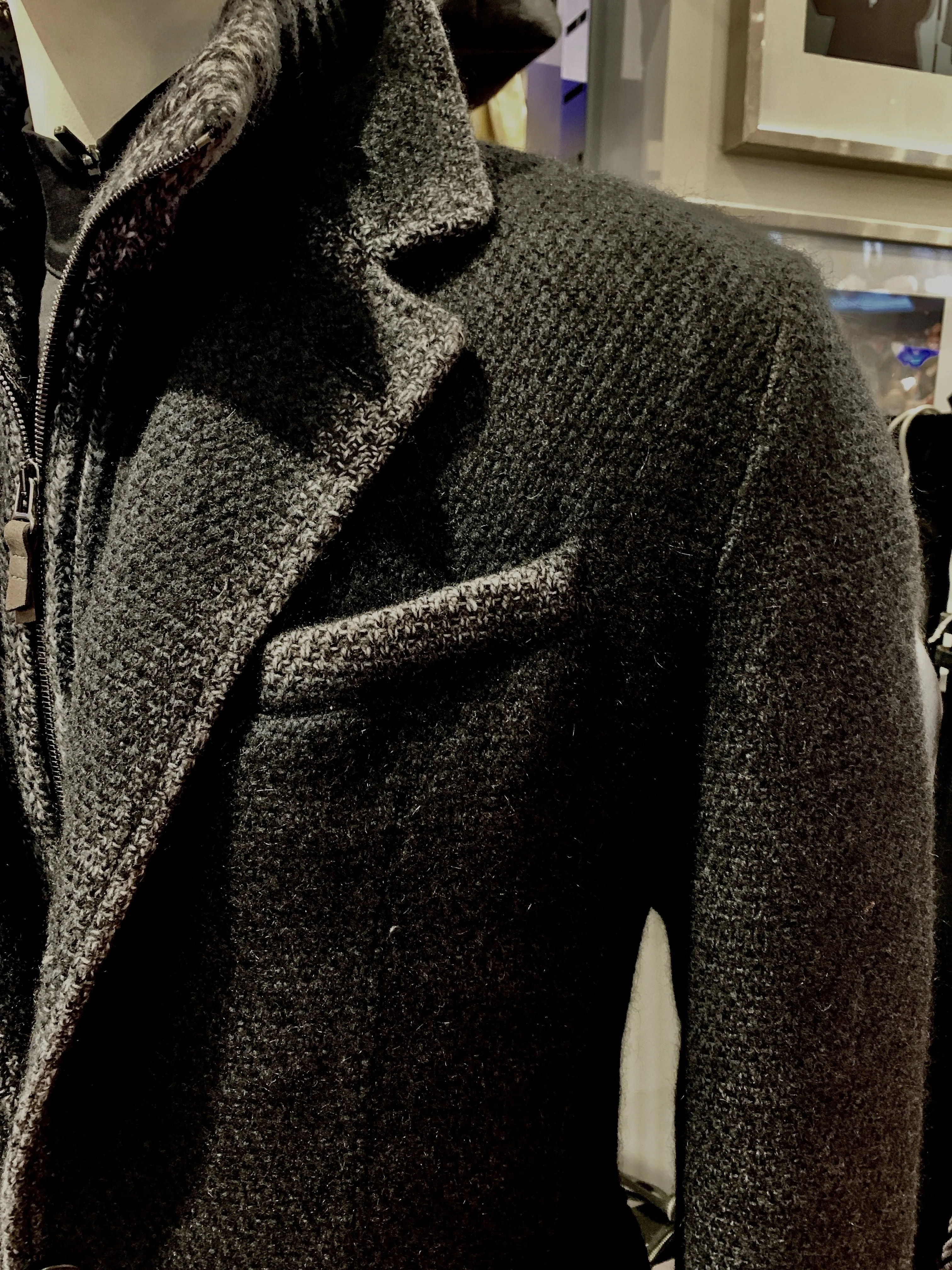 Gimos Over Coat: Navy Knit Hybrid with Removable High Mock-Neck Vested Insert
