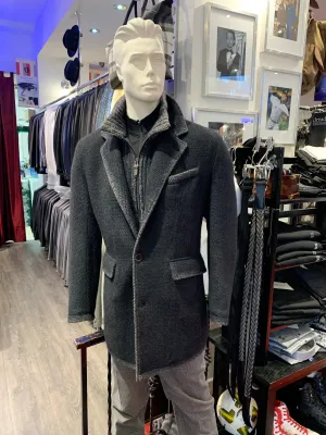 Gimos Over Coat: Navy Knit Hybrid with Removable High Mock-Neck Vested Insert