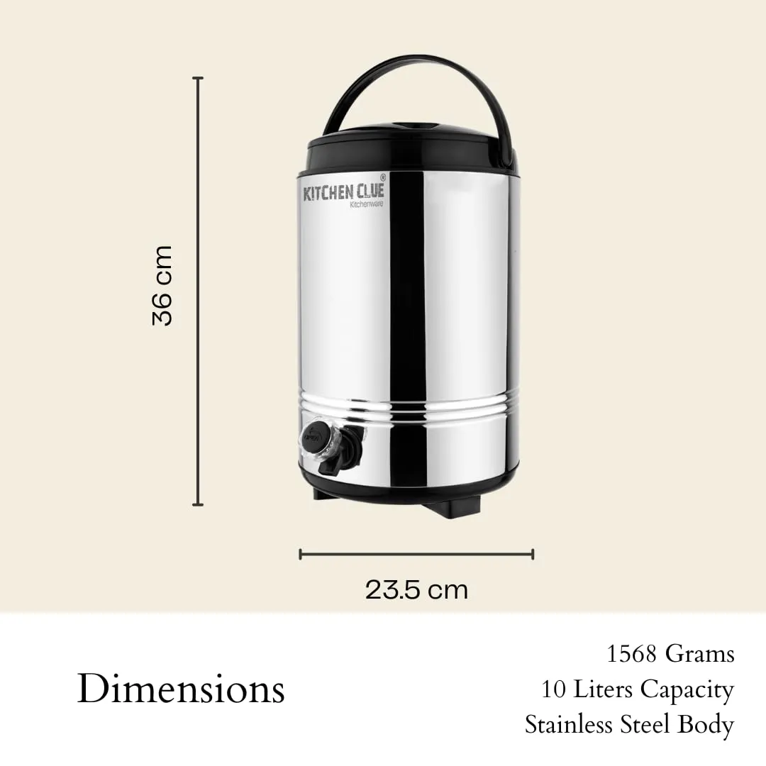KITCHEN CLUE Insulated Water Dispenser for Office Home Kitchen 10 Liter, Silver, Double Walled Stainless Steel Hot and Cold Water Jug with Sturdy Handle I BPA Free I Steel Office Water Jug/Dispenser
