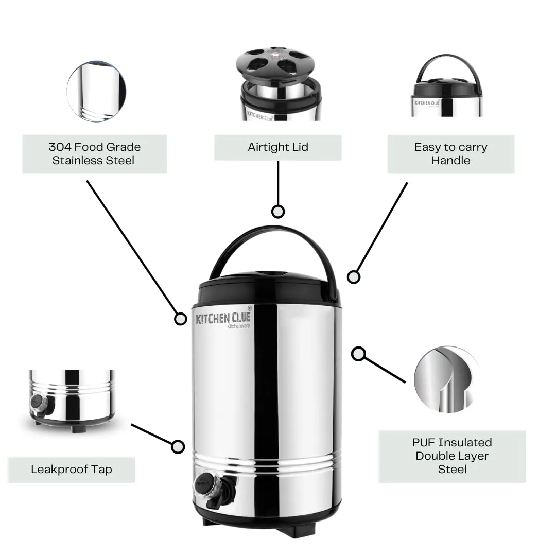 KITCHEN CLUE Insulated Water Dispenser for Office Home Kitchen 10 Liter, Silver, Double Walled Stainless Steel Hot and Cold Water Jug with Sturdy Handle I BPA Free I Steel Office Water Jug/Dispenser