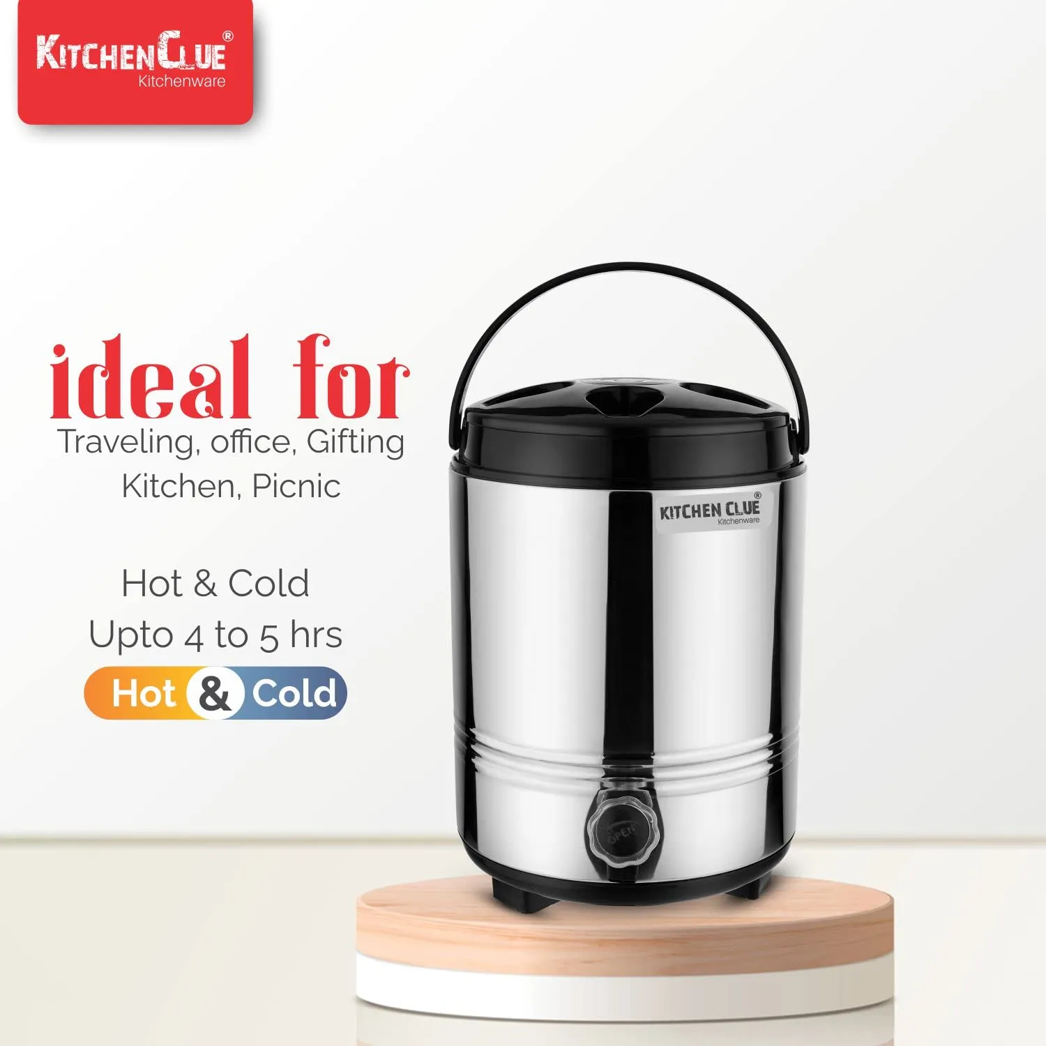 KITCHEN CLUE Insulated Water Dispenser for Office Home Kitchen 10 Liter, Silver, Double Walled Stainless Steel Hot and Cold Water Jug with Sturdy Handle I BPA Free I Steel Office Water Jug/Dispenser