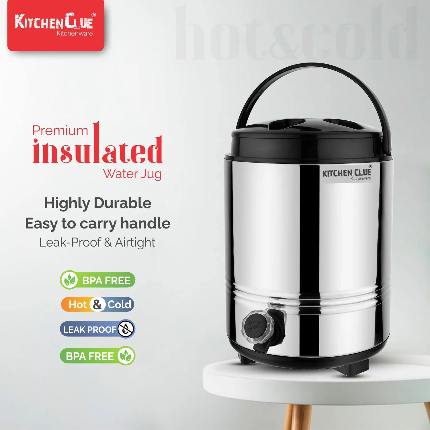 KITCHEN CLUE Insulated Water Dispenser for Office Home Kitchen 10 Liter, Silver, Double Walled Stainless Steel Hot and Cold Water Jug with Sturdy Handle I BPA Free I Steel Office Water Jug/Dispenser
