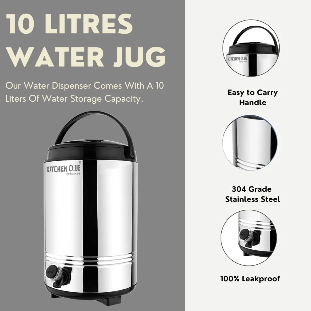 KITCHEN CLUE Insulated Water Dispenser for Office Home Kitchen 10 Liter, Silver, Double Walled Stainless Steel Hot and Cold Water Jug with Sturdy Handle I BPA Free I Steel Office Water Jug/Dispenser