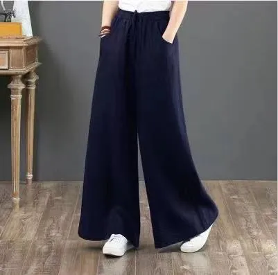 Korea Art Cotton Blend Loose Plus Size Wide Leg Pants High Waist Floor Length Straight Long Line Women Pants