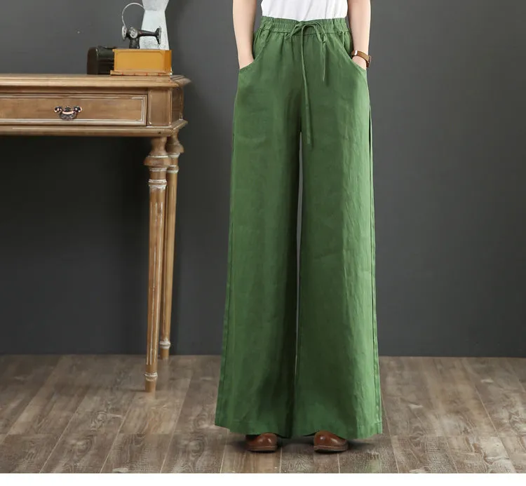 Korea Art Cotton Blend Loose Plus Size Wide Leg Pants High Waist Floor Length Straight Long Line Women Pants