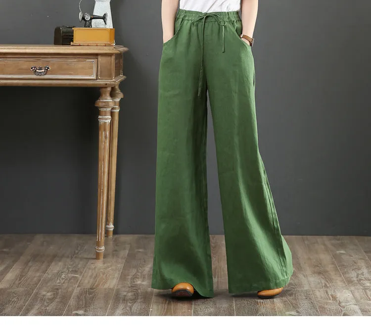 Korea Art Cotton Blend Loose Plus Size Wide Leg Pants High Waist Floor Length Straight Long Line Women Pants