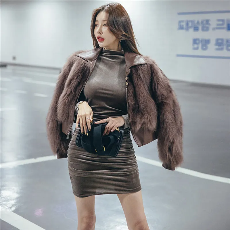 Korean Slim Look Slimming High Collar Fold Long Sleeved Pencil Dress