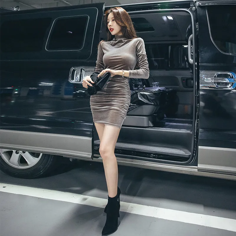 Korean Slim Look Slimming High Collar Fold Long Sleeved Pencil Dress