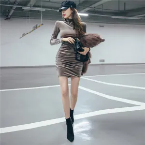 Korean Slim Look Slimming High Collar Fold Long Sleeved Pencil Dress