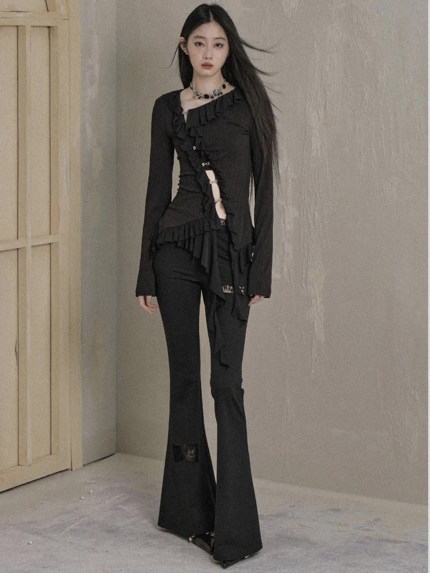 Lace Splicing Hole Cutsew Flared Pants