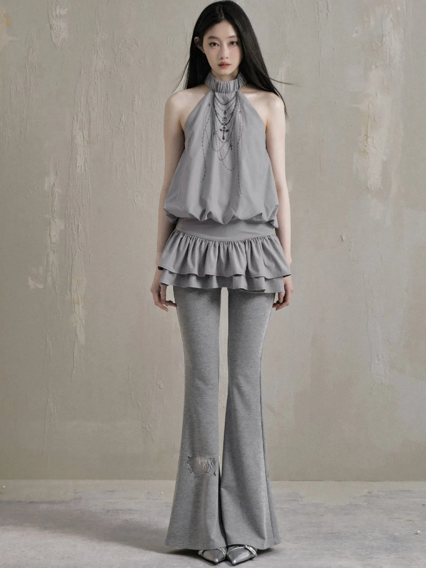 Lace Splicing Hole Cutsew Flared Pants