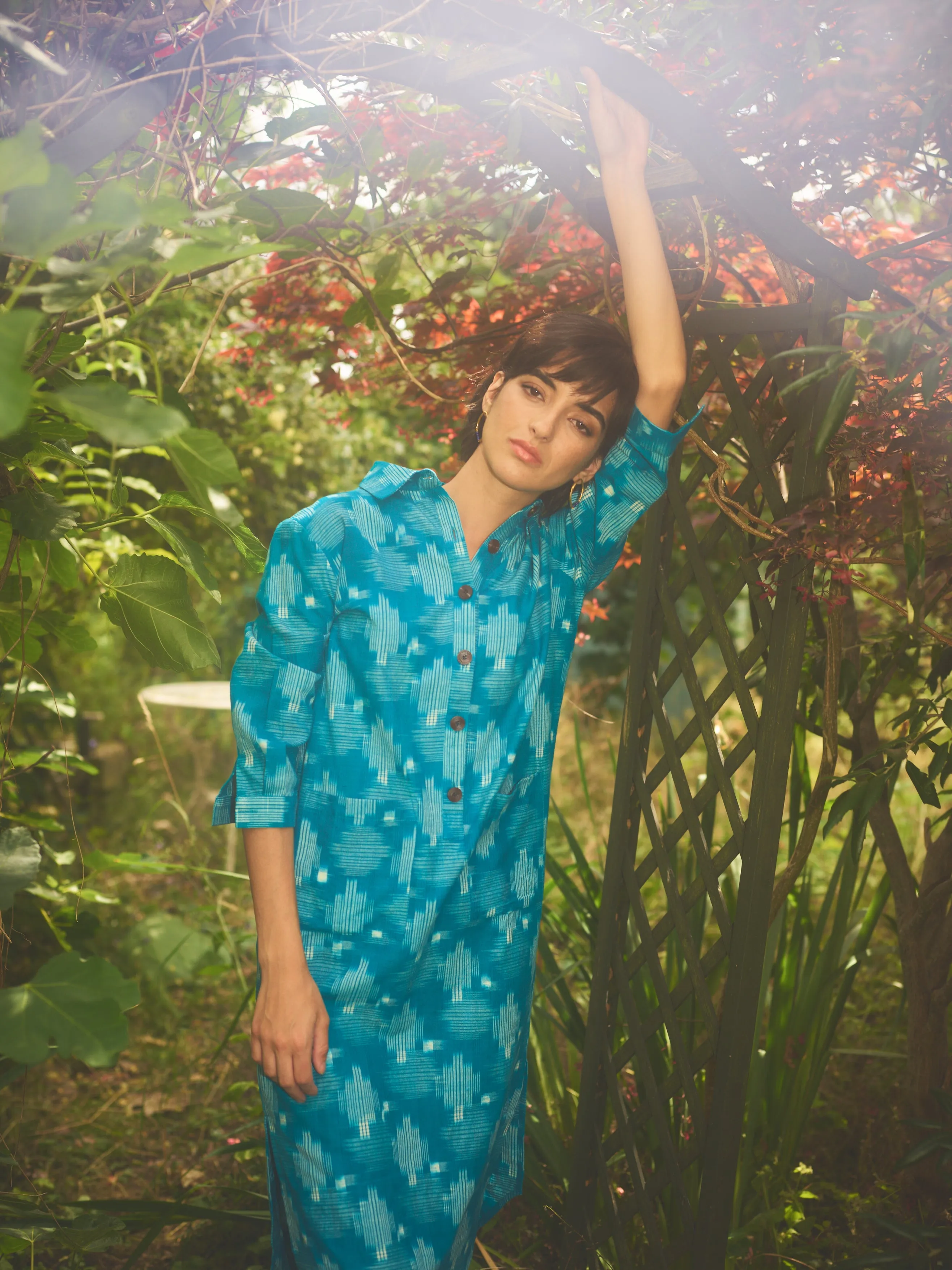Lowie Handwoven Teal Ikat Shirt Dress