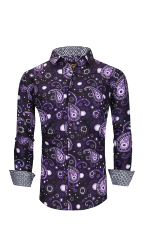 Men PREMIERE Long Sleeve Button Down Dress Shirt Purple Black Paisley Designer Shirt
