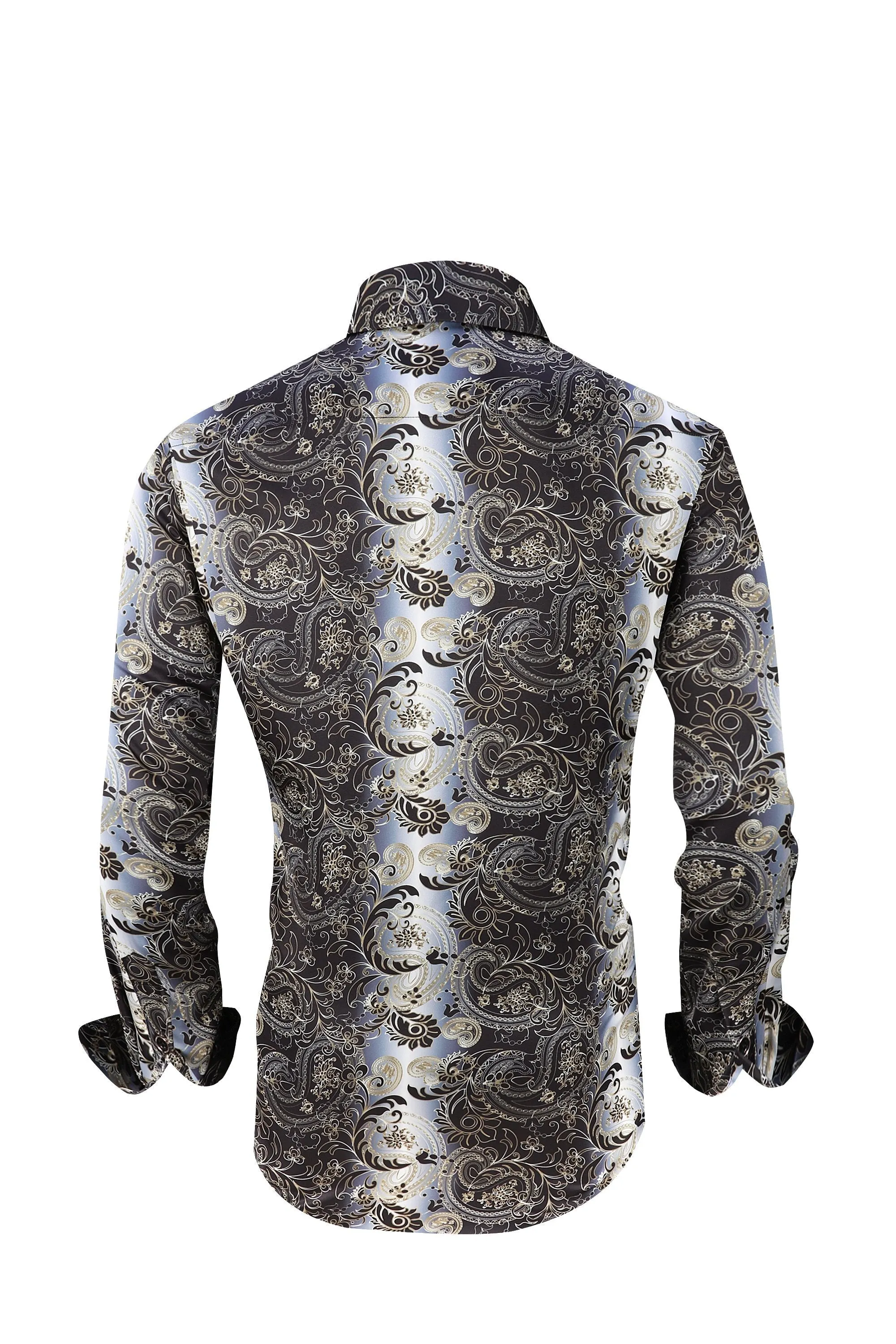 Men PREMIERE Long Sleeve Button Down Dress Shirt Silky Black Gold Paisley Design