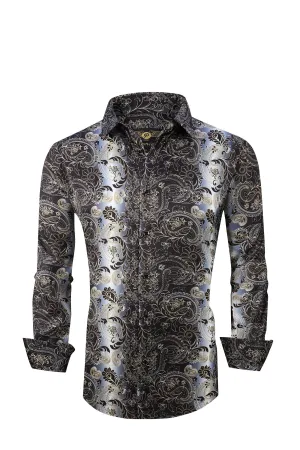 Men PREMIERE Long Sleeve Button Down Dress Shirt Silky Black Gold Paisley Design