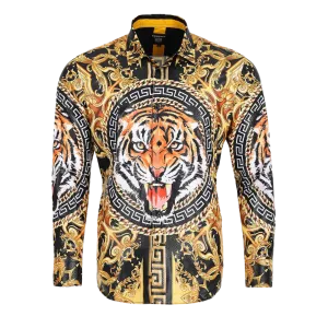 Men's Long Sleeve Button Down Dress Shirt Roar Tiger Black Gold Colorful